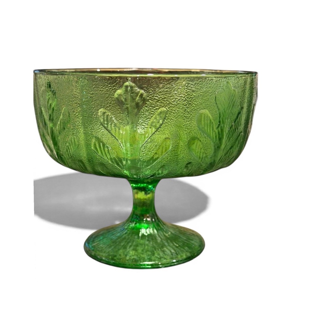 FTD Vintage 1970s Green Glass Pedestal Bowl Leaf Embossed Fruit Compote Dish MCM